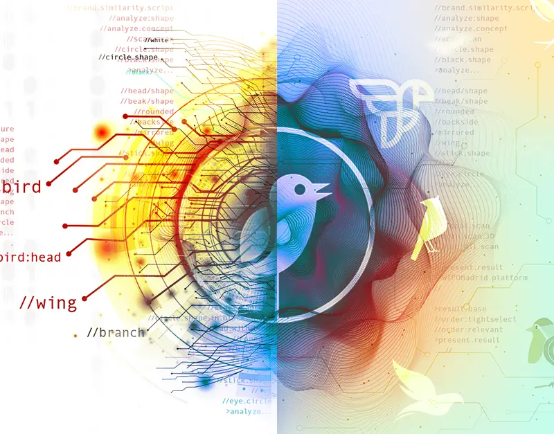 Abstract digital art blending technology and nature with bird motifs.