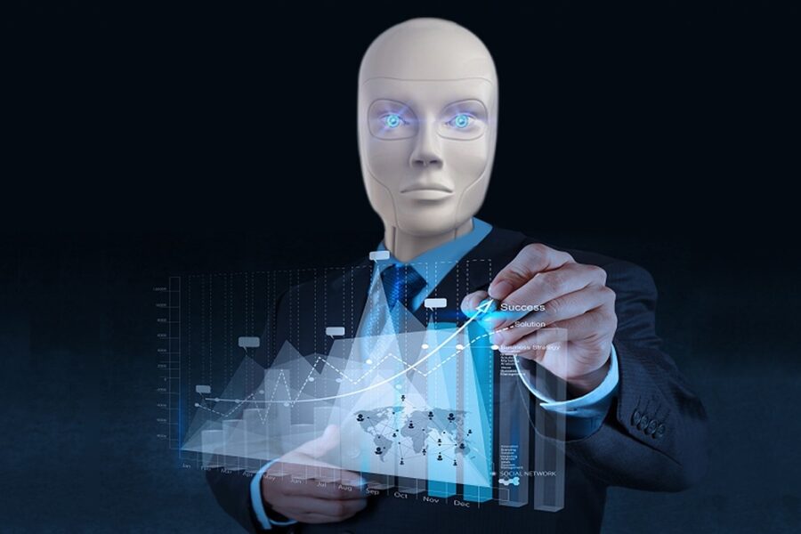 Businessman interacting with a digital chart and futuristic interface.